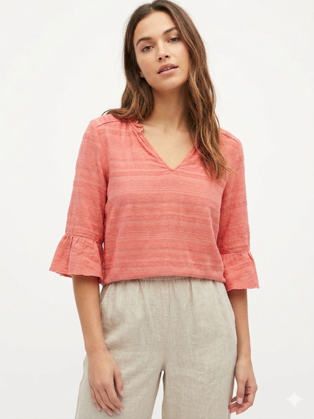 Anthropologie Dolan Coral Ruffled Sleeve V-Neck Top Sz Medium